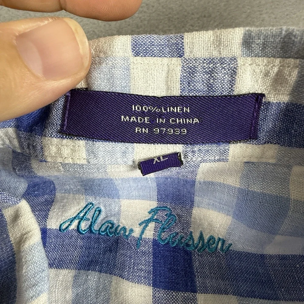 Alan Flusser Mens XL Short Sleeve‎ Button Up Shirt 100% Linen Blue White Plaid